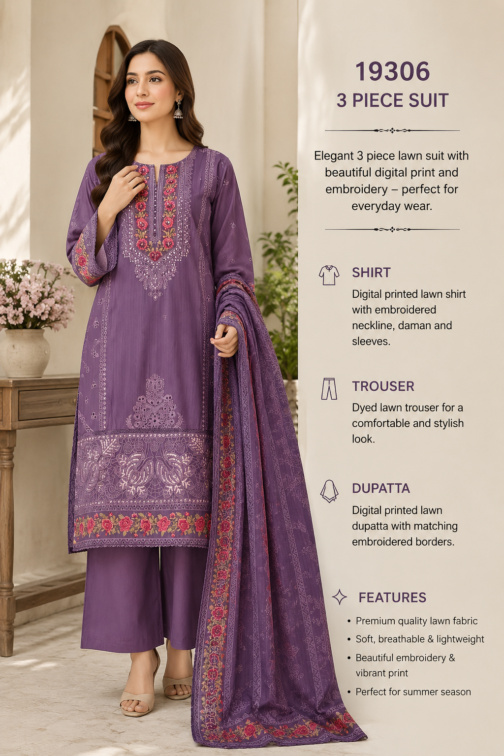 Purple Digital Printed Lawn 3 Piece Suit Set