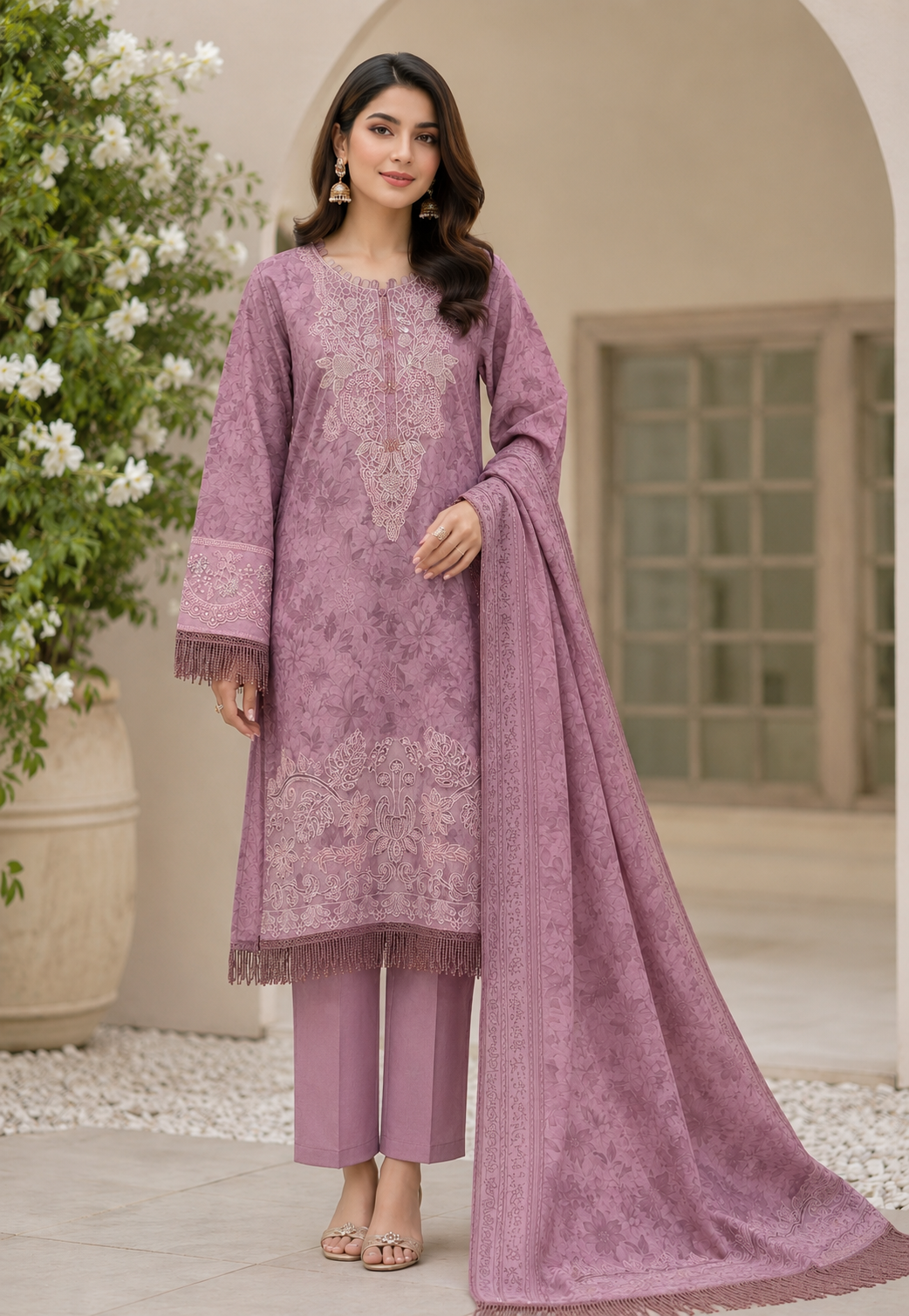 Mauve Floral Embroidered 3-Piece Lawn Suit,