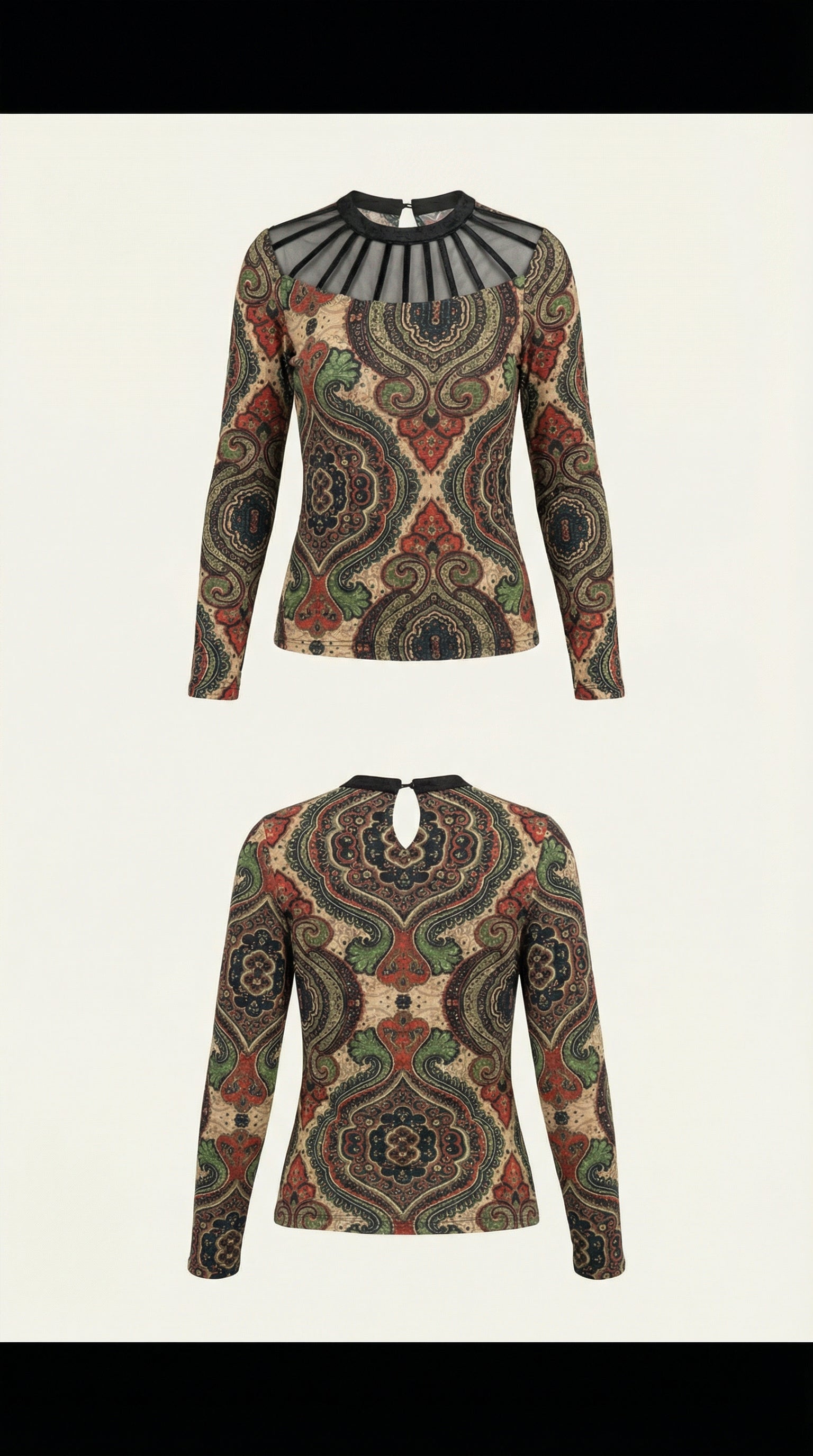 Women's Vintage Paisley Print Mesh Top – Long Sleeve Elegant Sheer Blouse