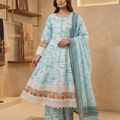 Sky Blue & White Embroidered Patch Work 3-Piece Frock Suit