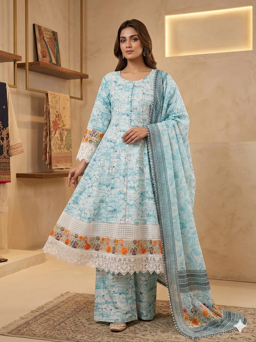 Sky Blue & White Embroidered Patch Work 3-Piece Frock Suit