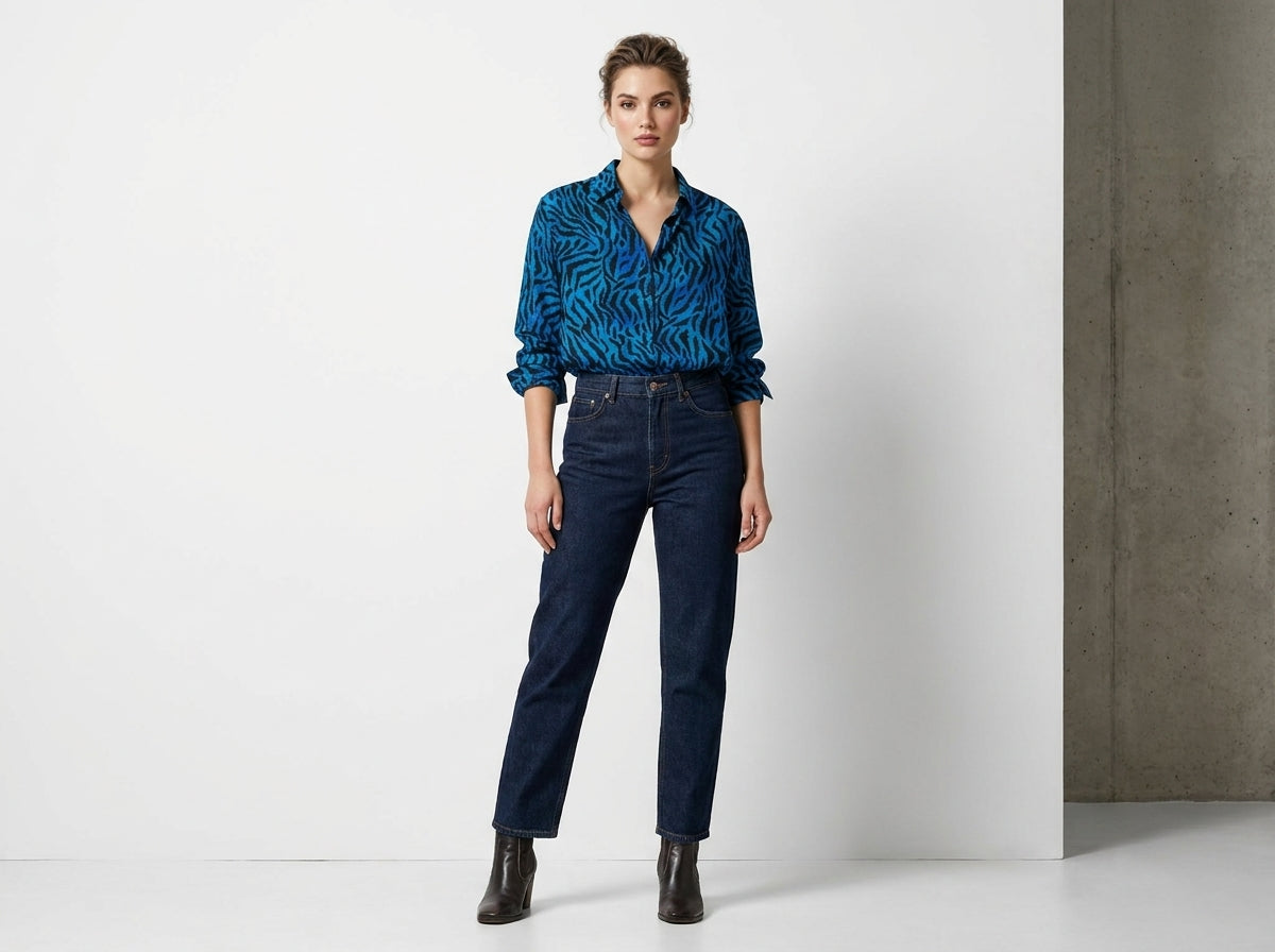 Women's Blue Zebra Print Button-Down Shirt