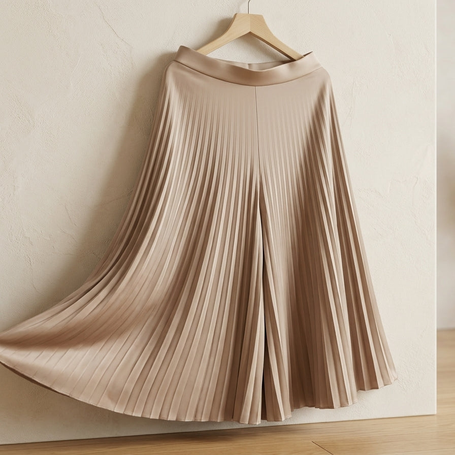 Women's Beige Pleated Culotte Pants – Elegant High-Waist Wide Leg Trousers