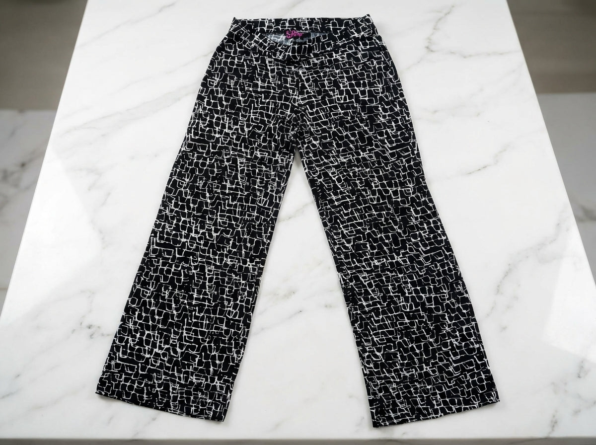 Women's Black Geometric Print Straight Leg Pants – Elegant High-Waist Casual Trousers