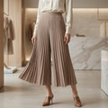 Women's Beige Pleated Culotte Pants – Elegant High-Waist Wide Leg Trousers