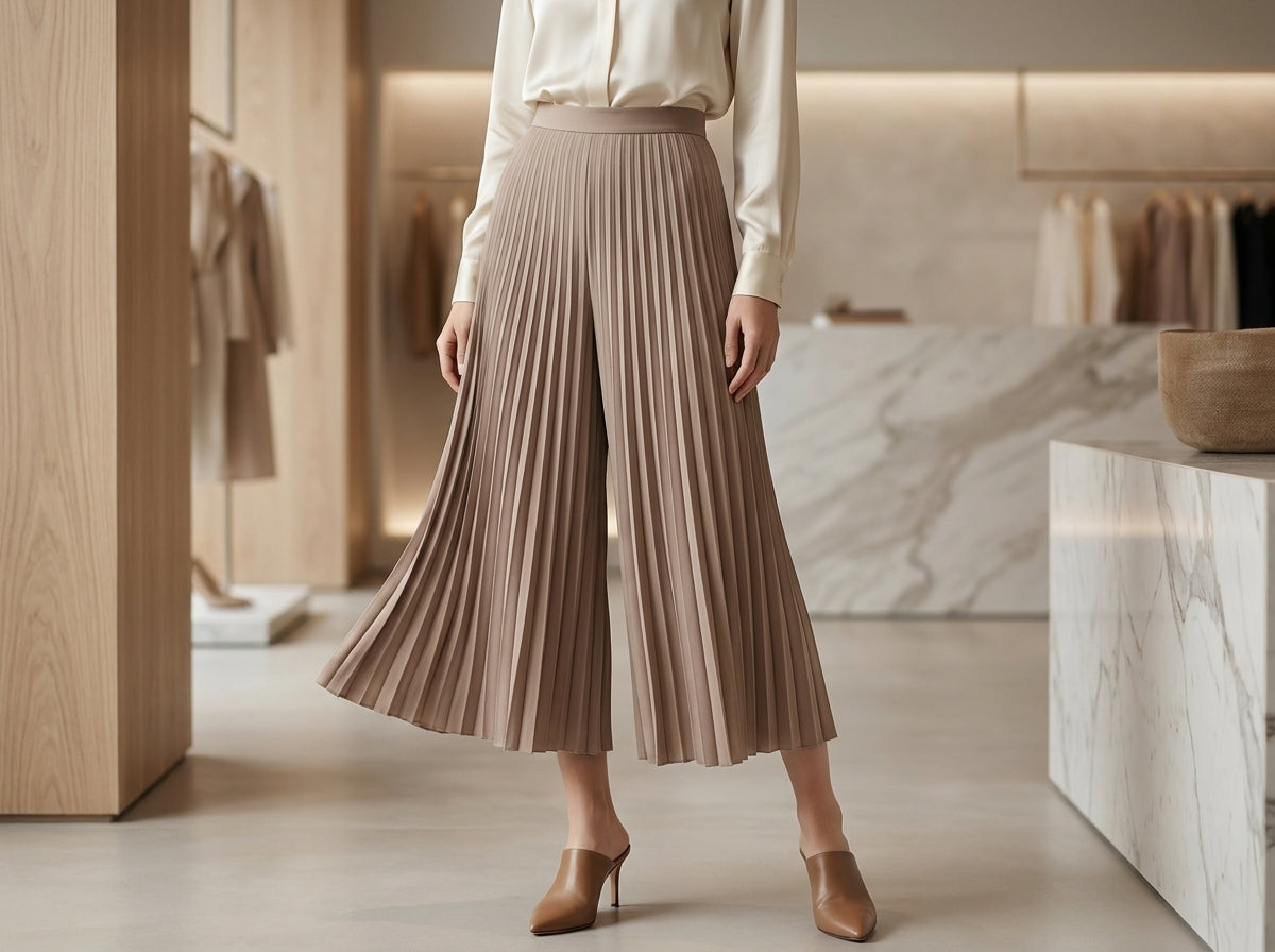 Women's Beige Pleated Culotte Pants – Elegant High-Waist Wide Leg Trousers