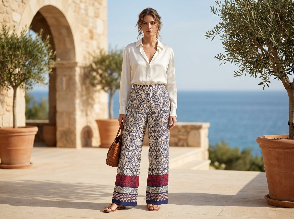 Women's Bohemian Print Wide Leg Palazzo Pants – High Waist Resort Wear Trousers