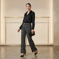 Women's Black Geometric Print Straight Leg Pants – Elegant High-Waist Casual Trousers