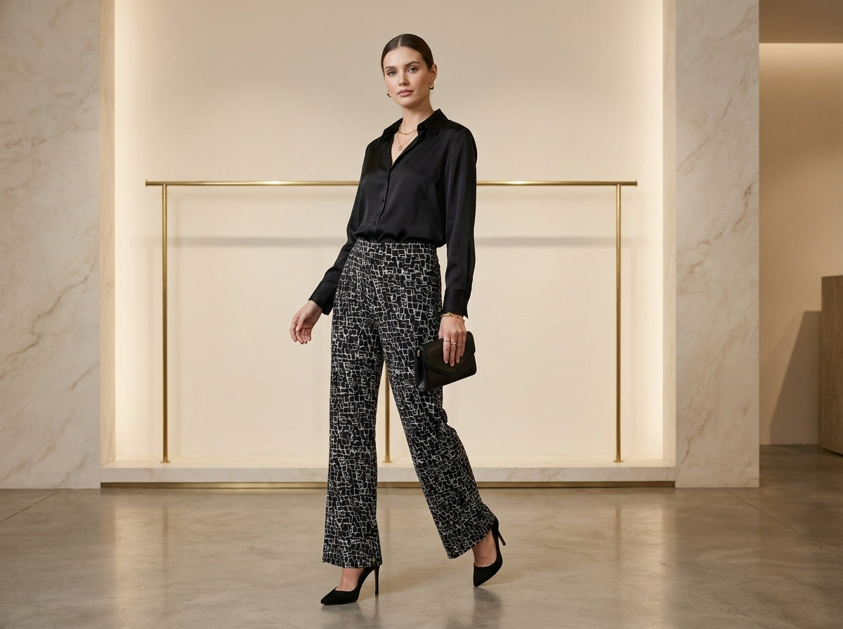 Women's Black Geometric Print Straight Leg Pants – Elegant High-Waist Casual Trousers