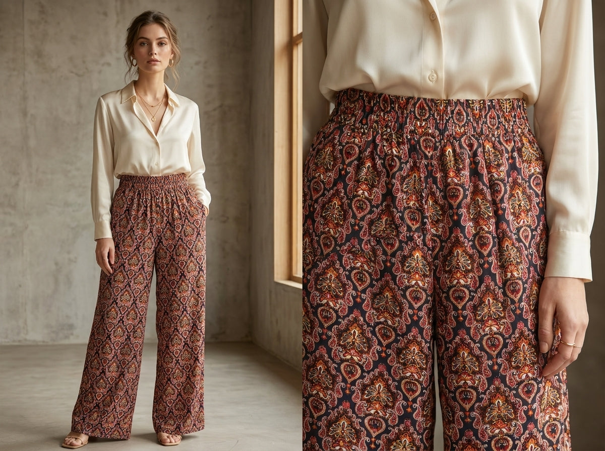 Women's Boho Print Wide Leg Palazzo Pants – High Waist Relaxed Fit Trousers