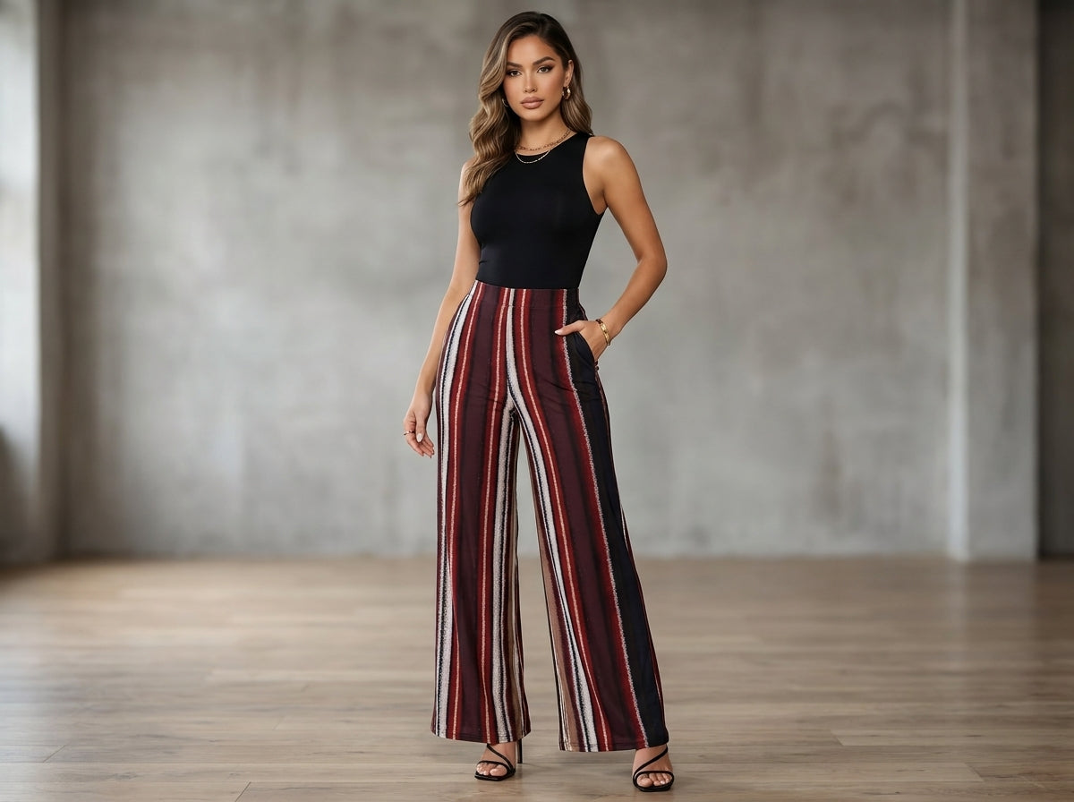 Women's Multicolor Striped Wide Leg Pants – High Waist Casual Palazzo Trousers