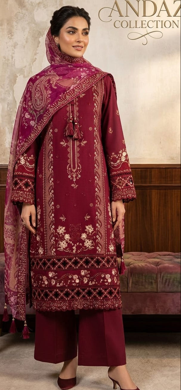 Maroon Embroidered 3-Piece Suit