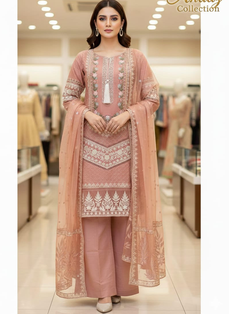 Peach Pink Embroidered 3-Piece Suit