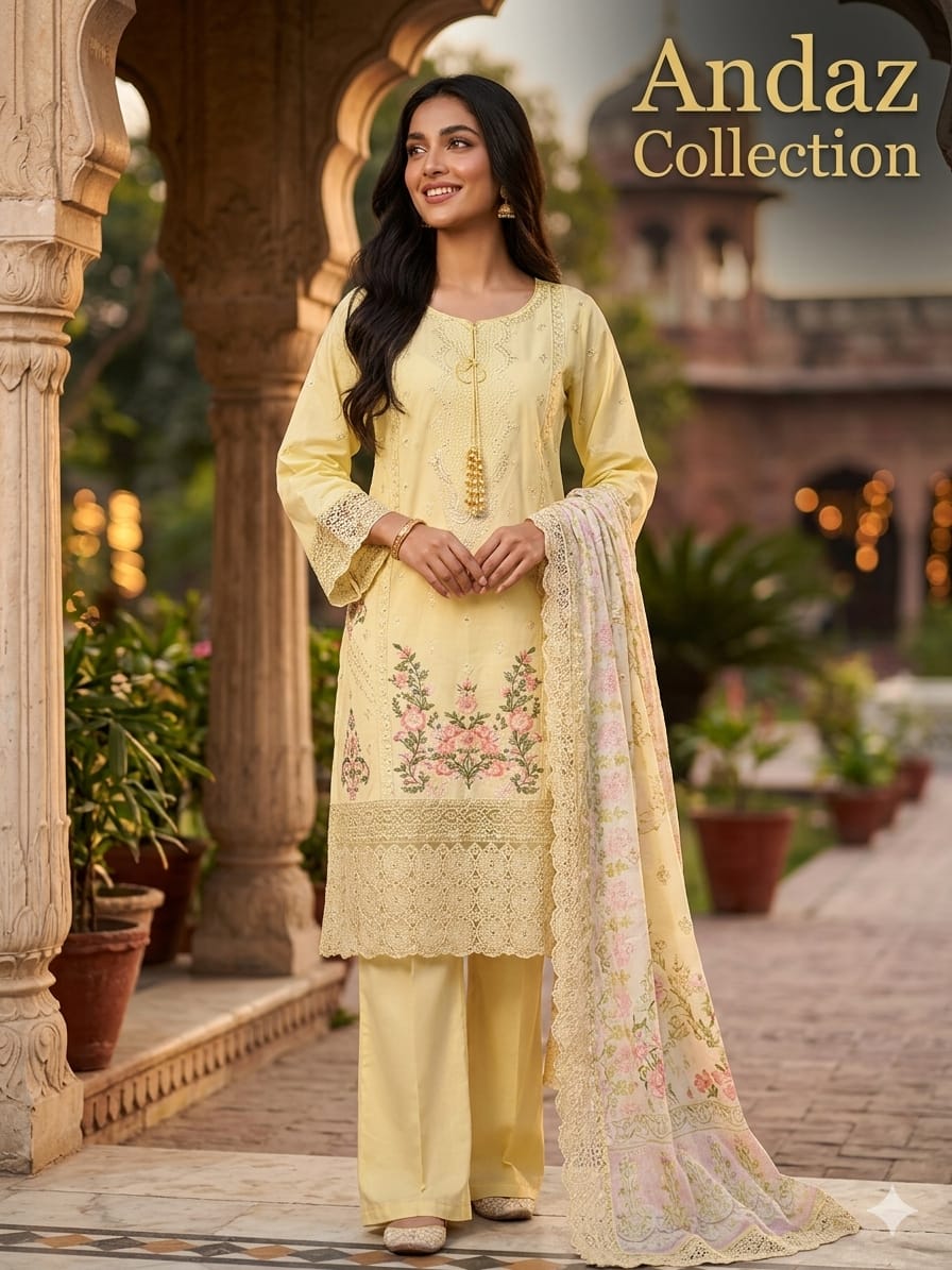 Lemon Embroidered Patch Work 3-Piece Ready-to-Wear Suit