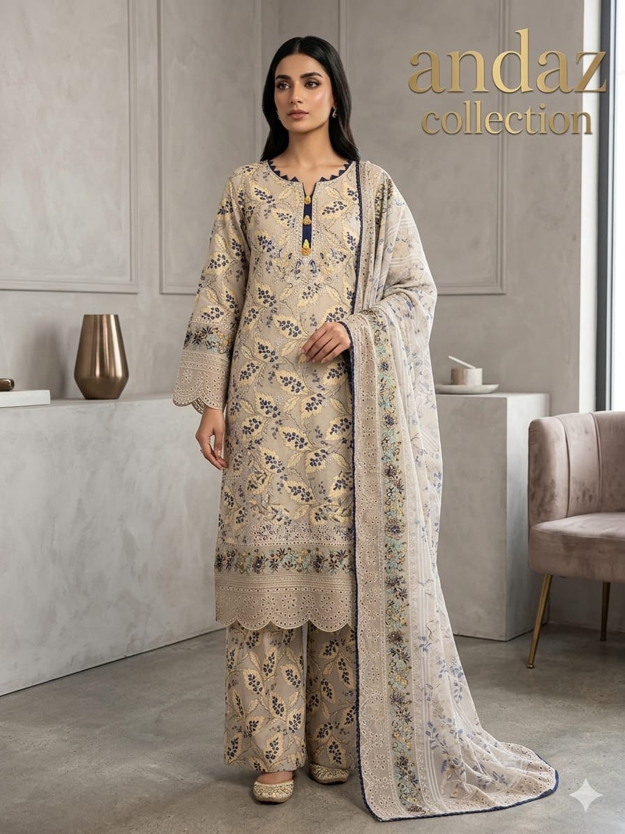 Off-White Full Embroidered 3-Piece Suit