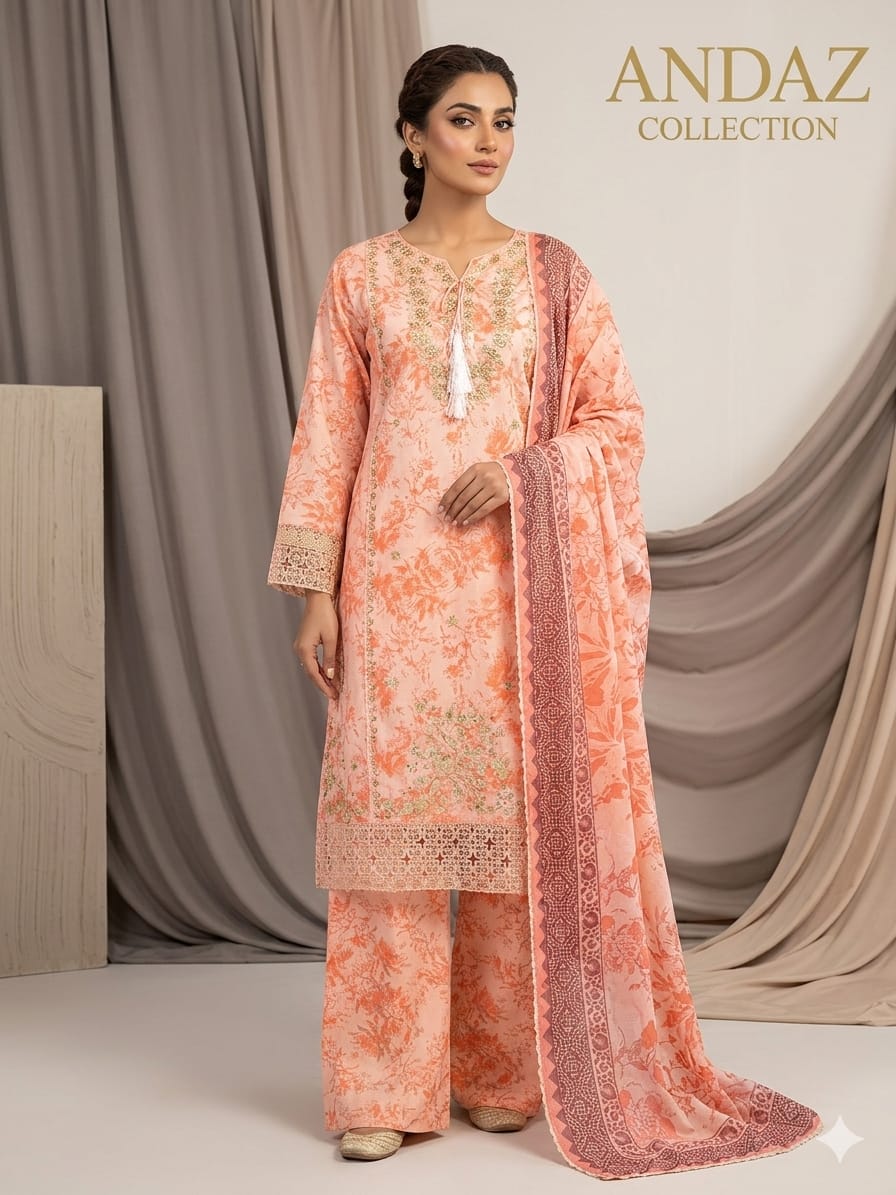 Peach Pink Embroidered 3-Piece LAWN COTTON