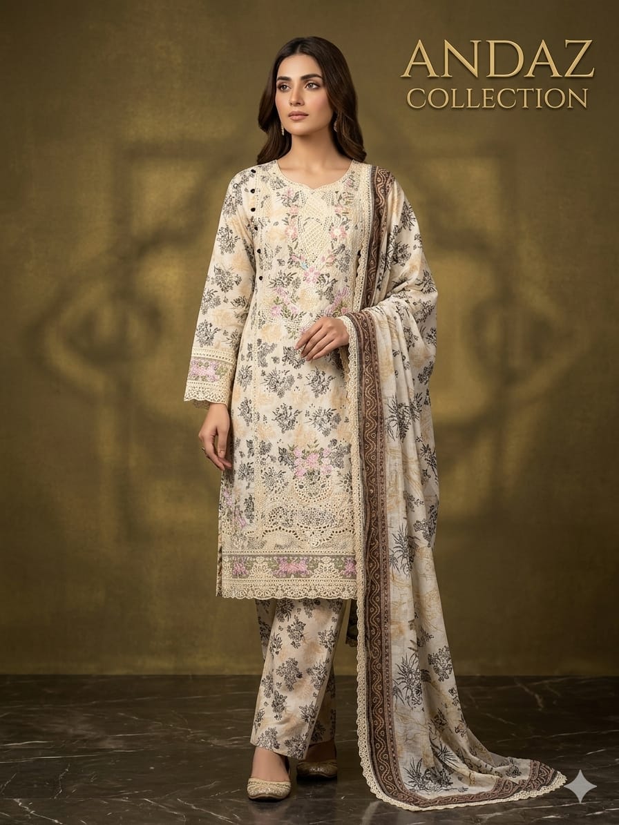 Off-White Full Embroidered 3-Piece Ready-to-Wear LAWN COTTON Suit