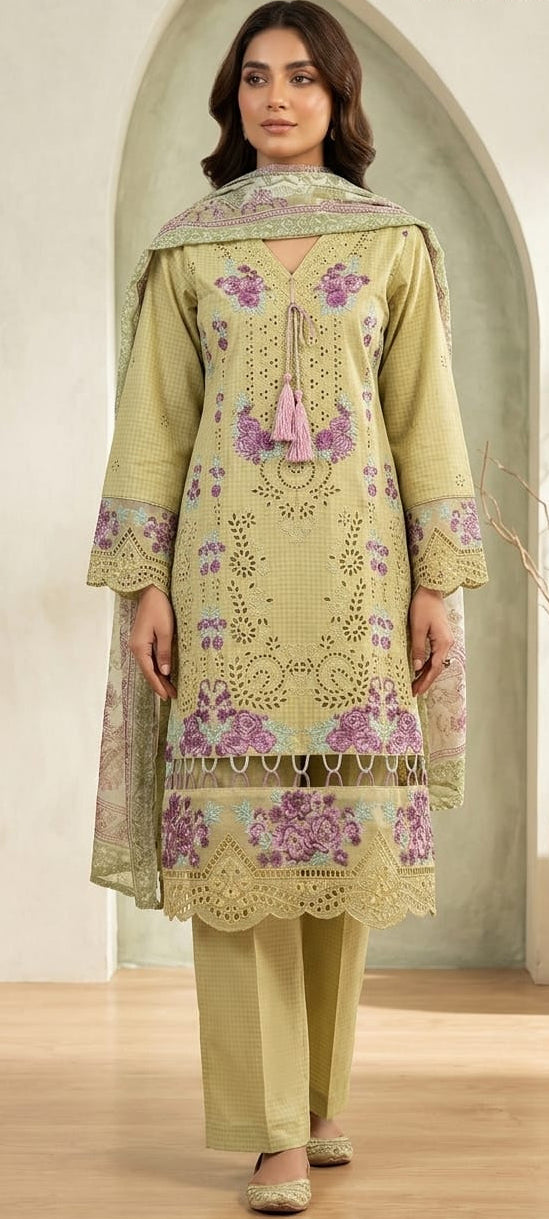 Beige Pistachio 3-Piece Embroidered Lace Work Suit