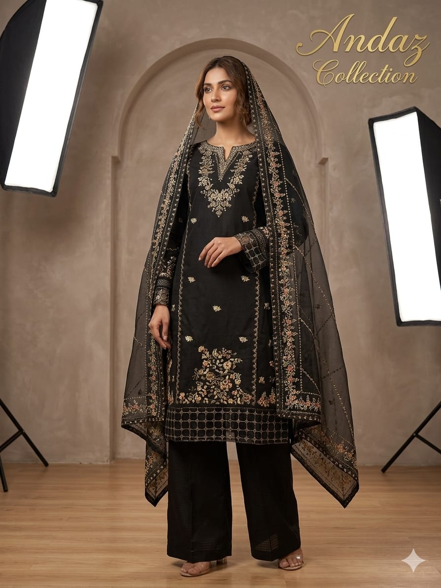 Embroidered 3 Piece Black Suit