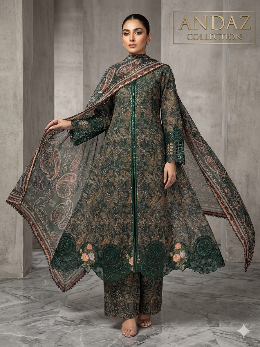 Emerald Paisley Embroidered 3-Piece Suit