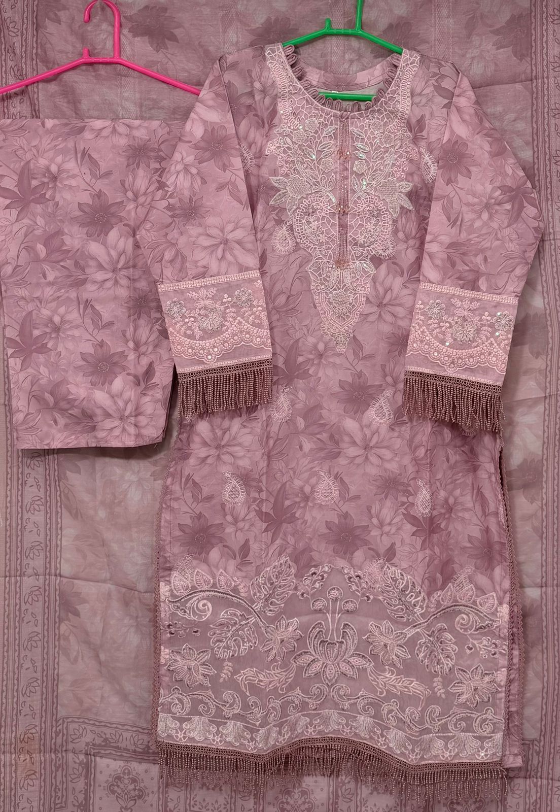 Mauve Floral Embroidered 3-Piece Lawn Suit,