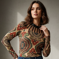 Women's Vintage Paisley Print Mesh Top – Long Sleeve Elegant Sheer Blouse