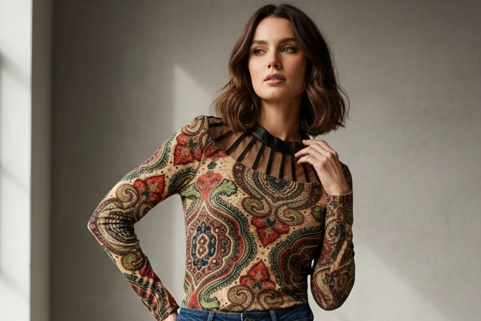 Women's Vintage Paisley Print Mesh Top – Long Sleeve Elegant Sheer Blouse