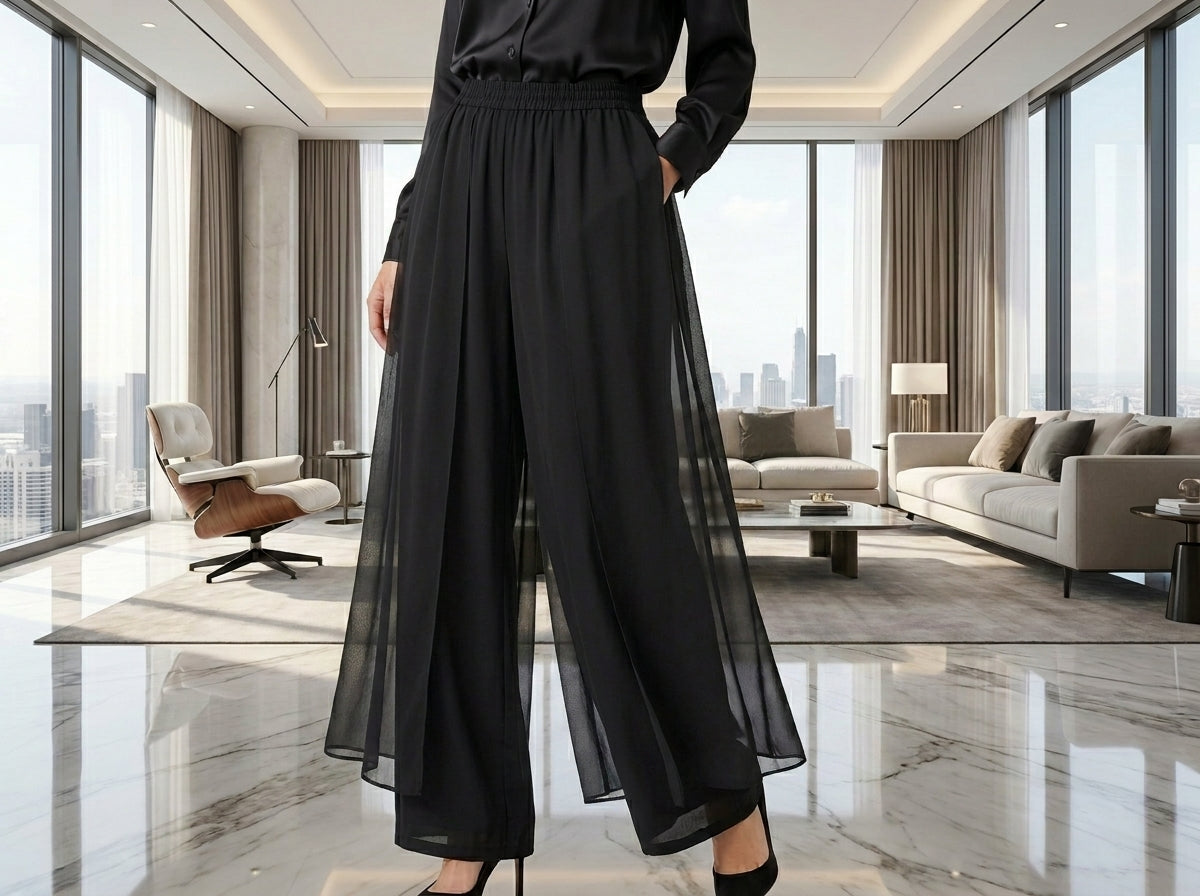 Elegant Layered Wide-Leg Trousers – Black